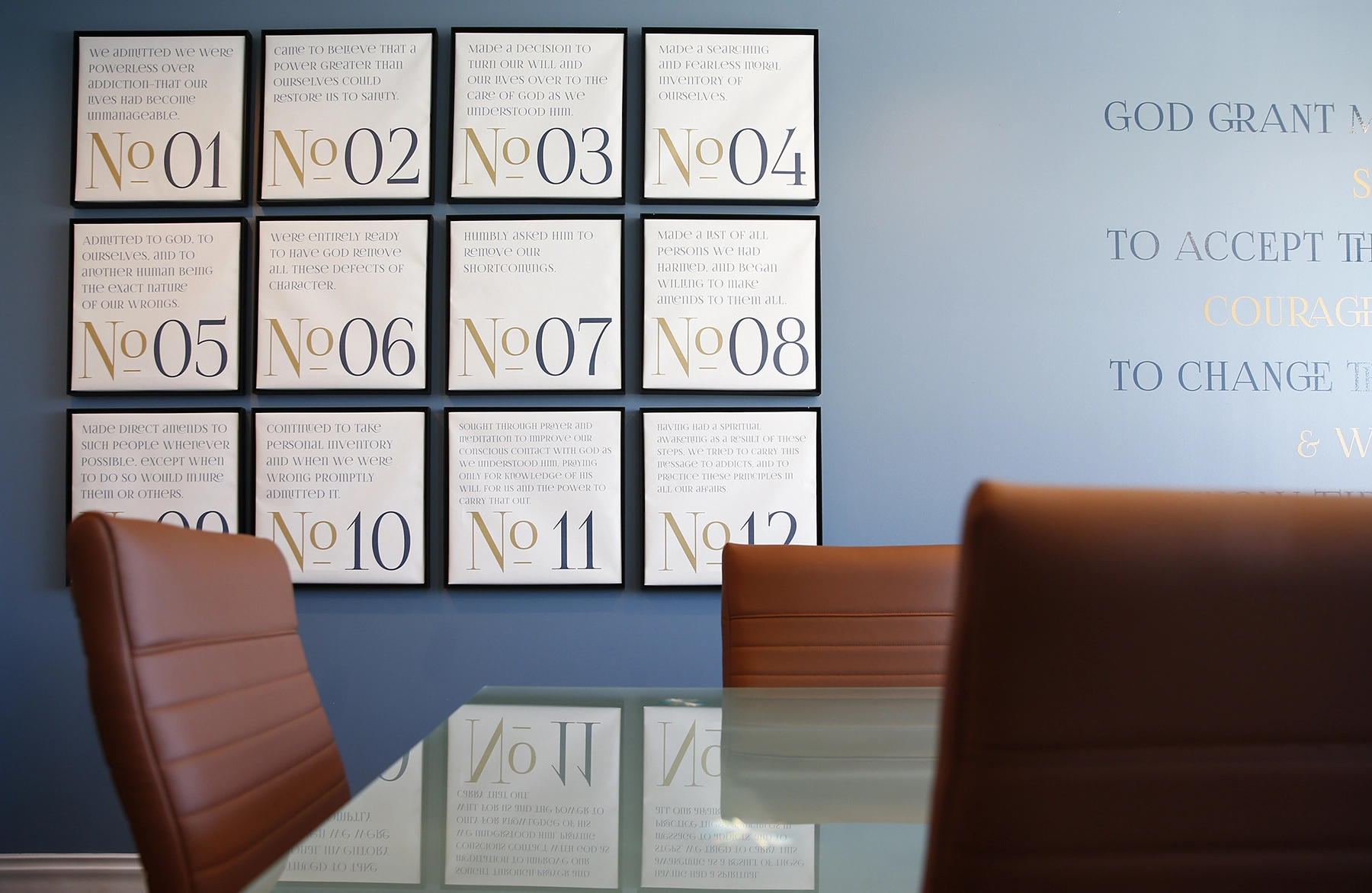 Framed quotes on a blue wall