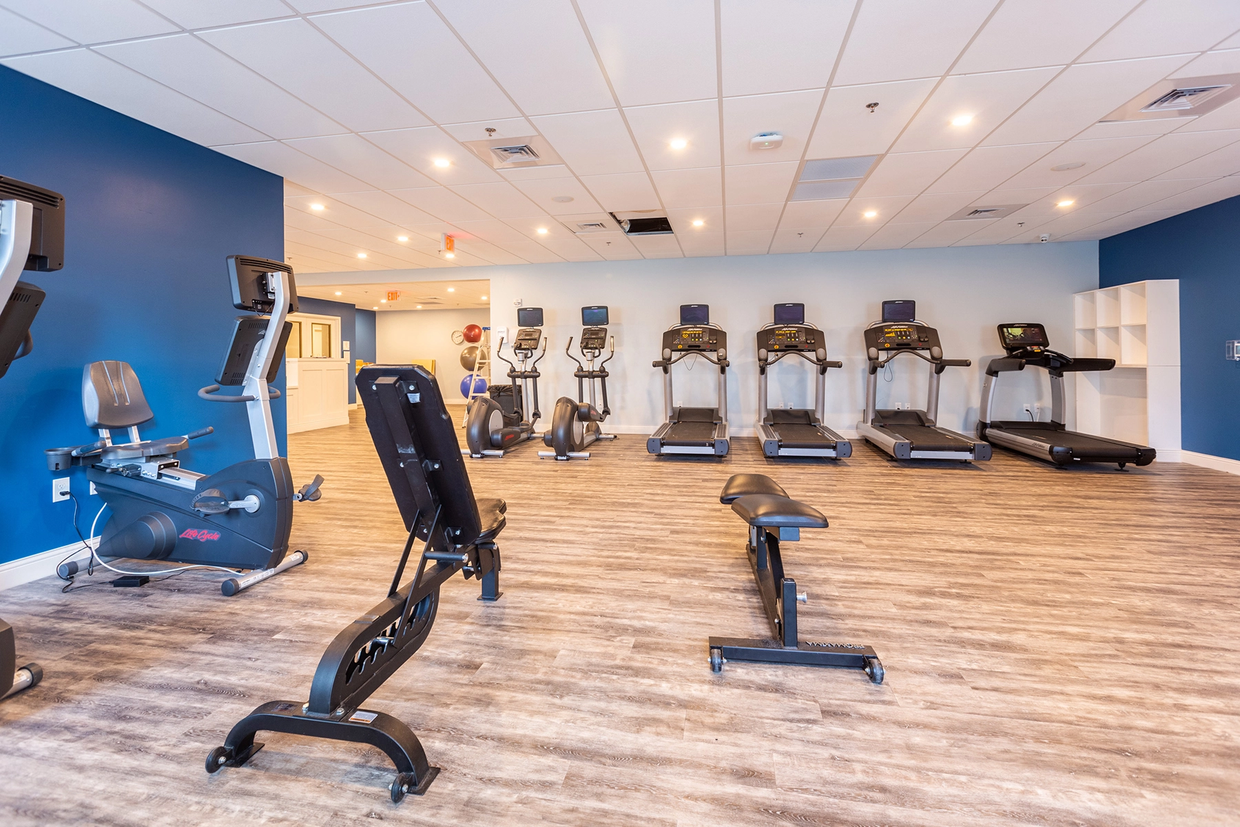 Cardio area at Lighthouse with treadmills, bikes and a weight bench