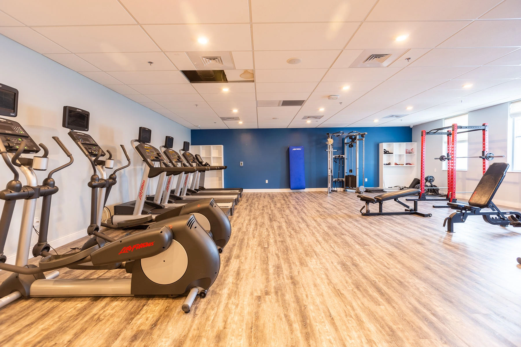 Fitness center at Lighthouse with ellipticals, treadmills and a weight rack