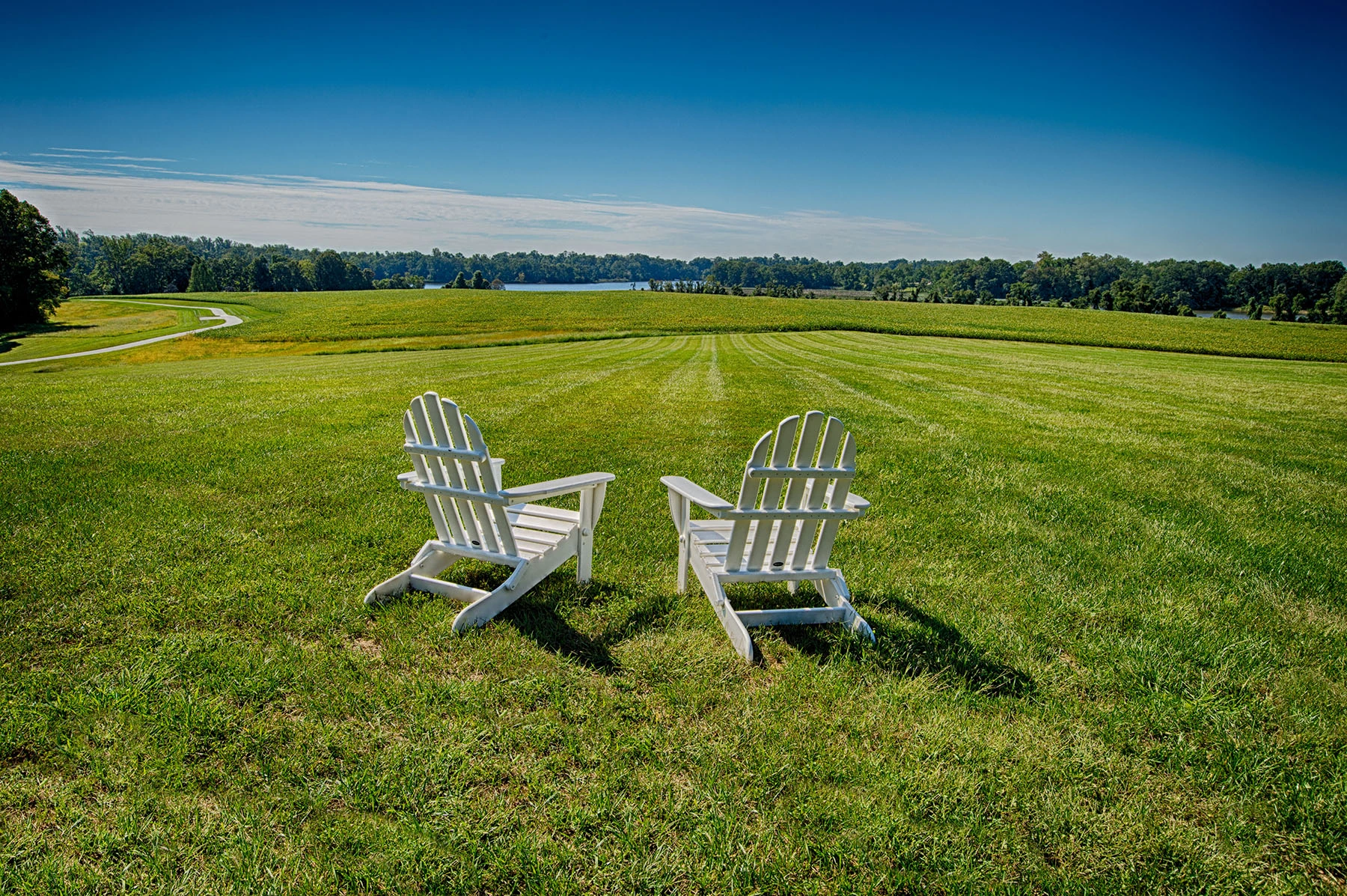 Two chairs overlooking a green field