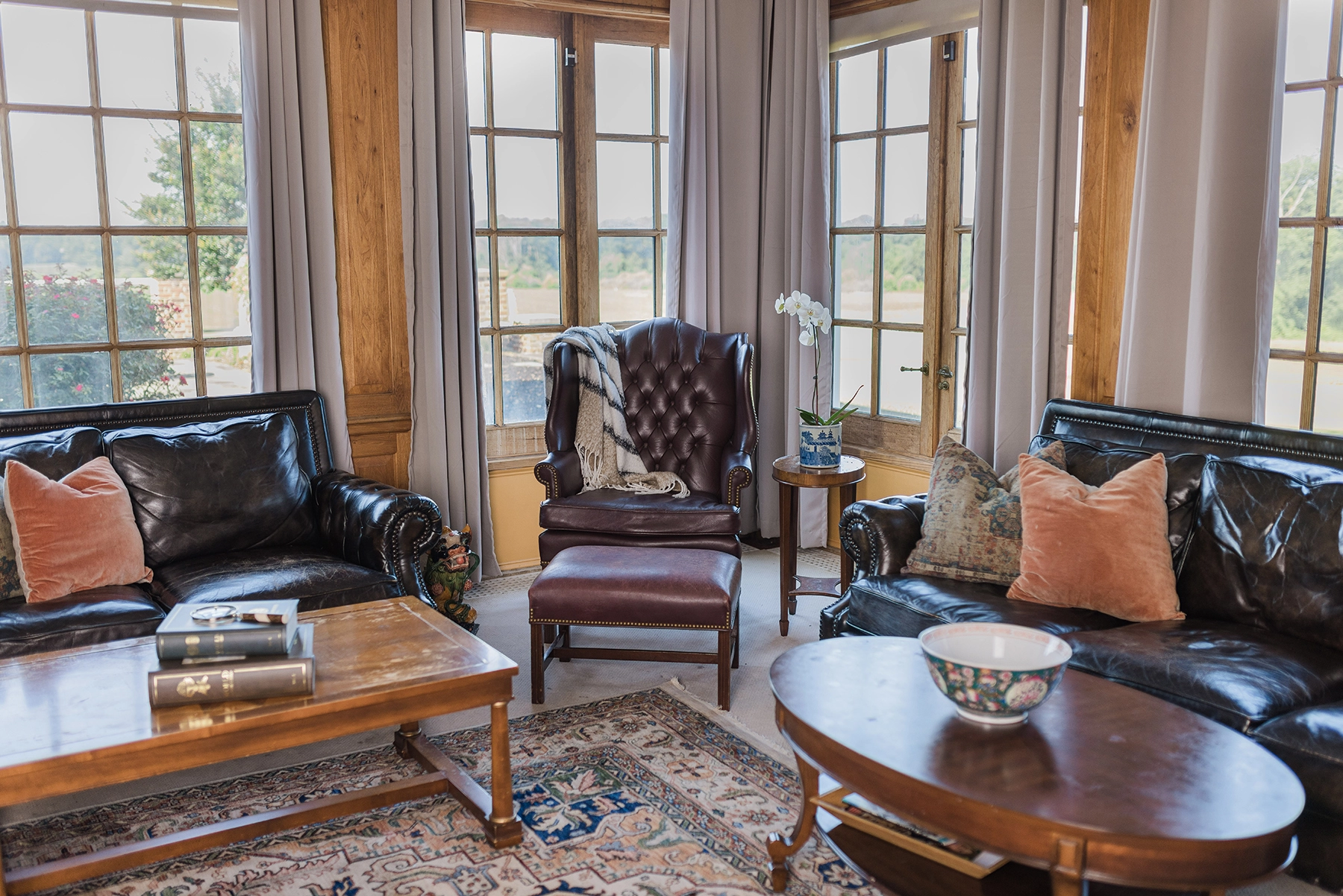 Cozy living room with large windows